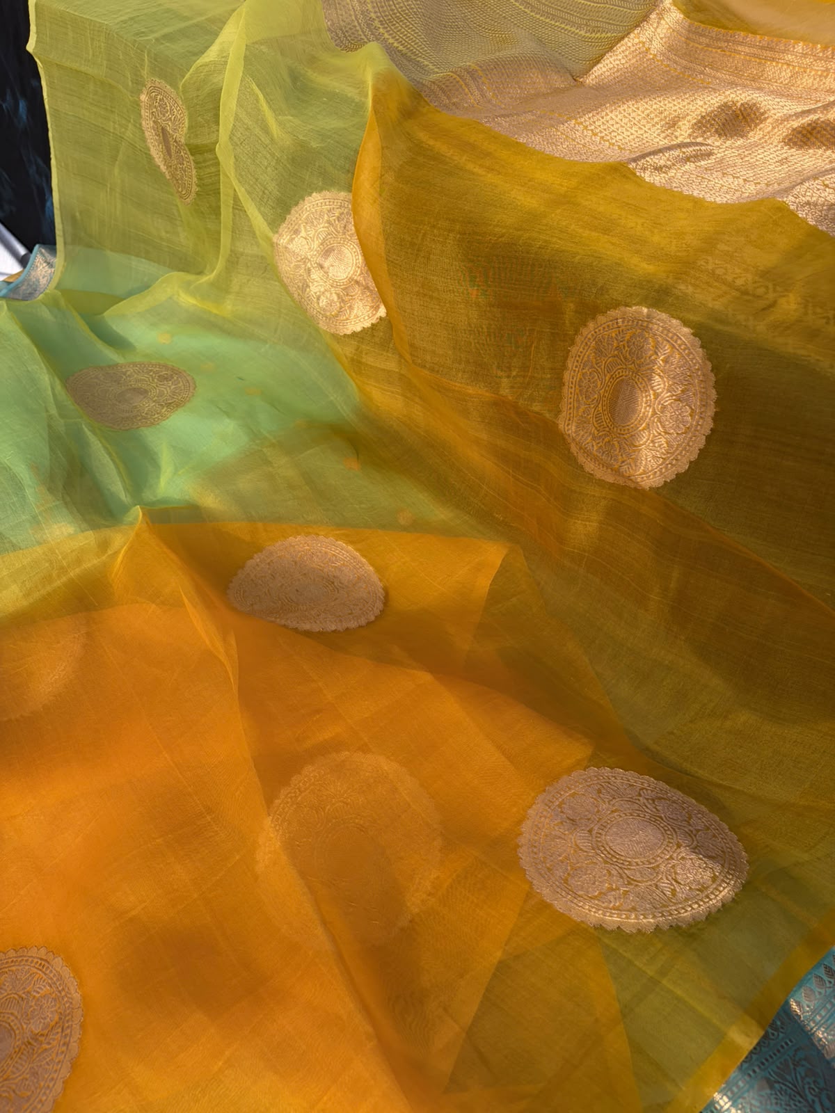 Pure Organza Saree | Mango Yellow Borderless Big Buta Design