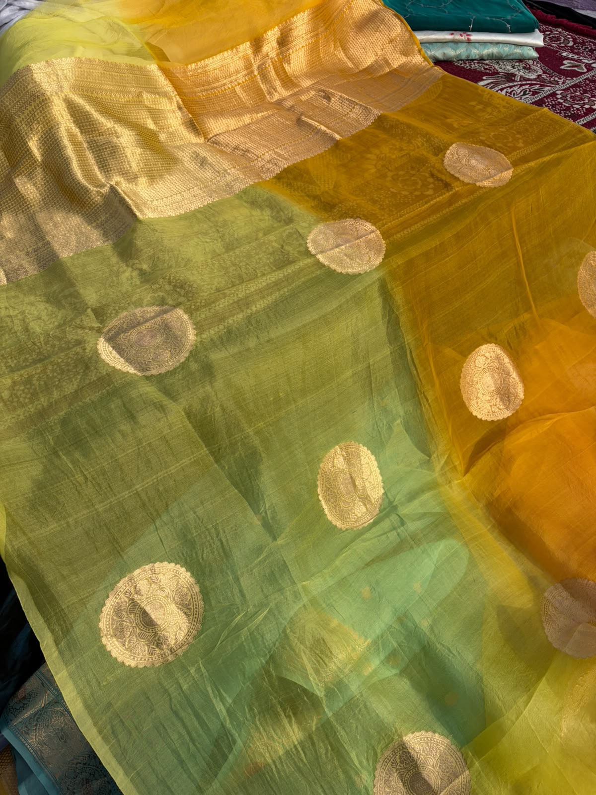 Pure Organza Saree | Mango Yellow Borderless Big Buta Design