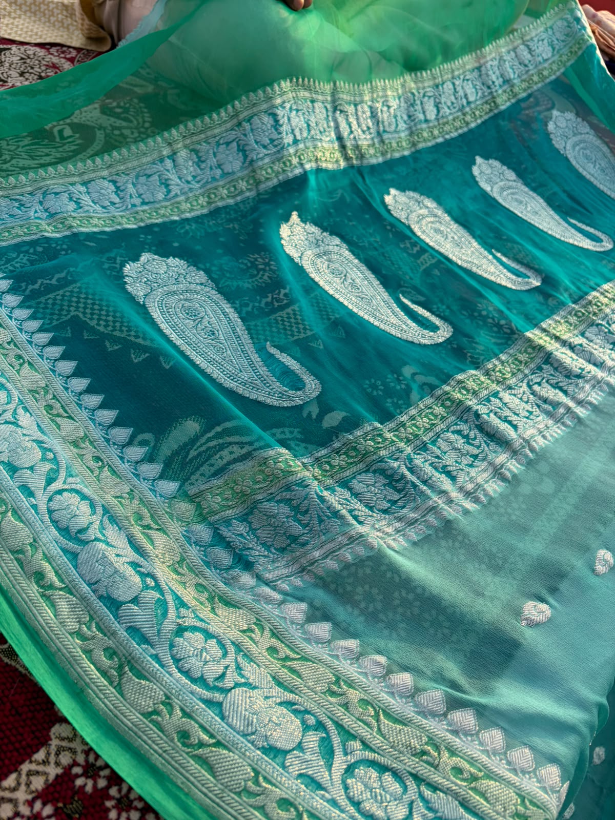 Pure Khadi Georgette Saree – 3D Dye | Sea Green with Silver Zari