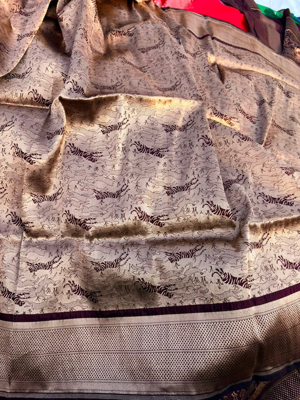 Coffee Brown Shikargah Banarasi Pure Katan Silk Saree