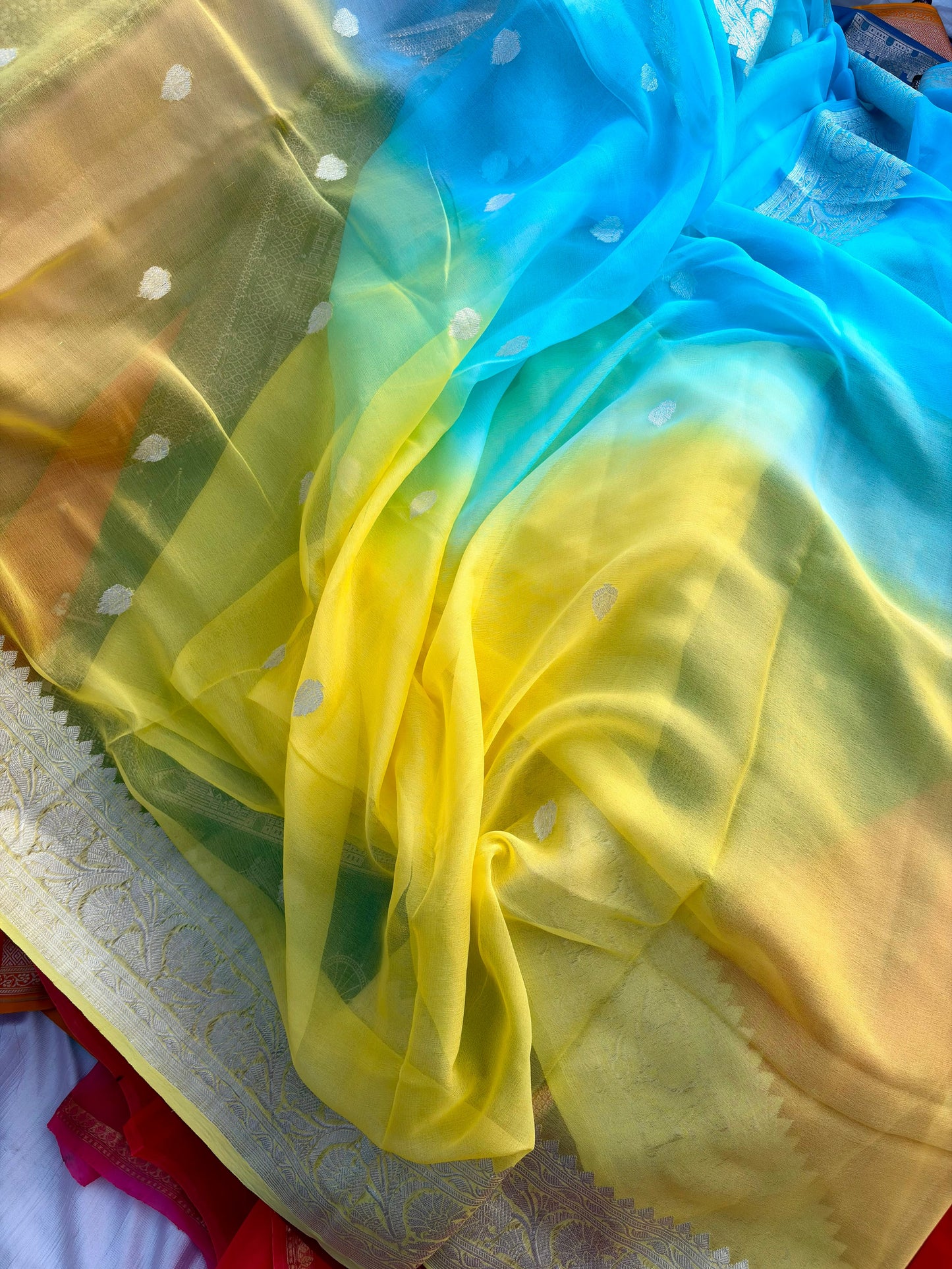 Mesmerizing Lemon Yellow & Light Blue Pure Khaddi Georgette Saree