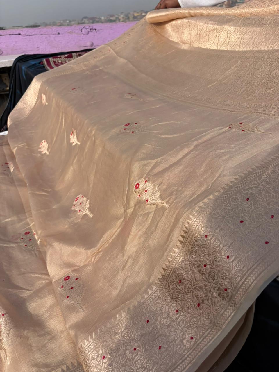 Copper Gold Raw Mango Silk Saree | Meenakari Border & Brocade Blouse