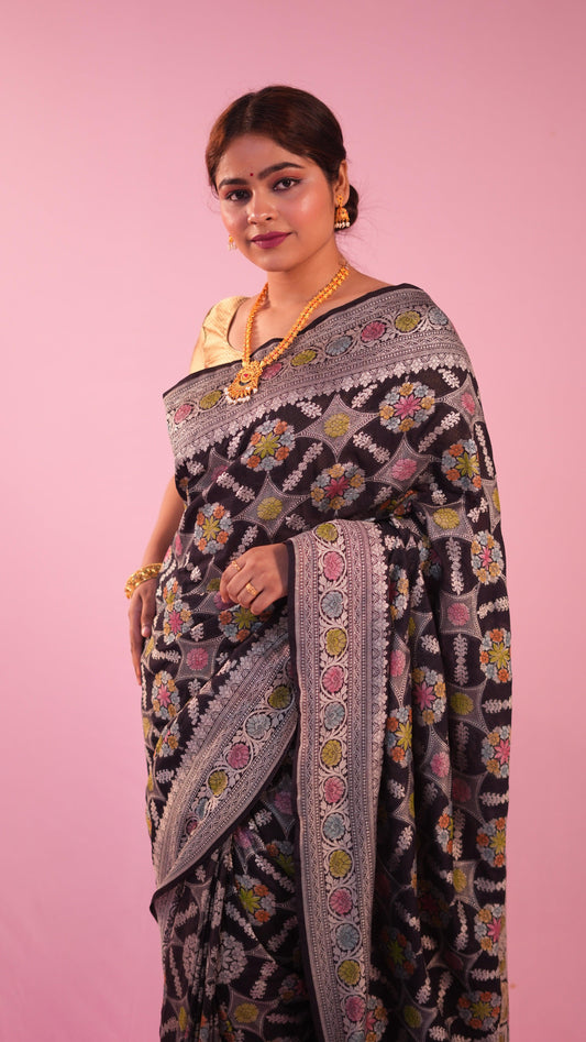 Black georgette Meena Kari saree