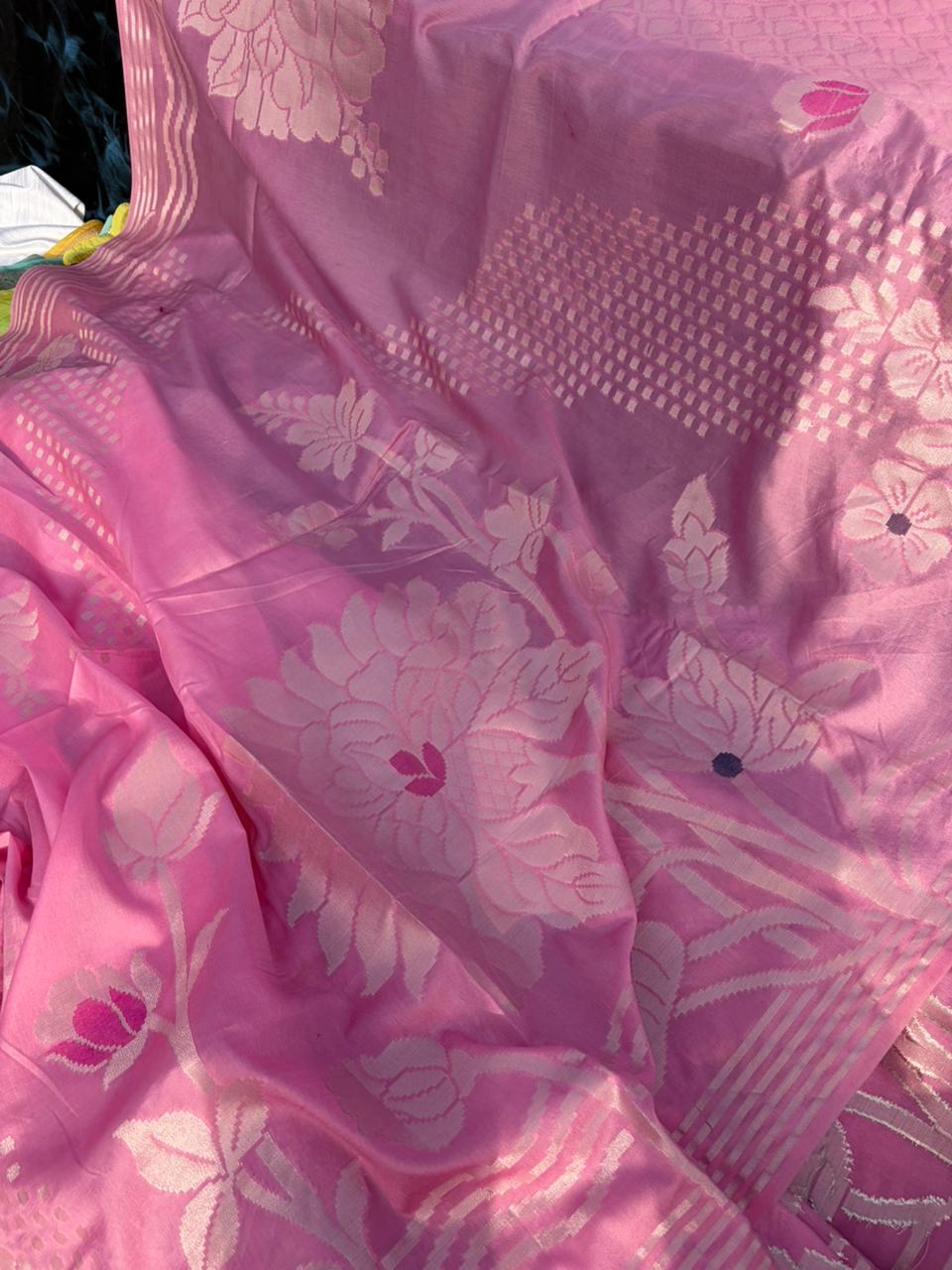 Designer Raw Mango Silk Saree | Nude Baby Pink | Stripe Border & Big Flower Design