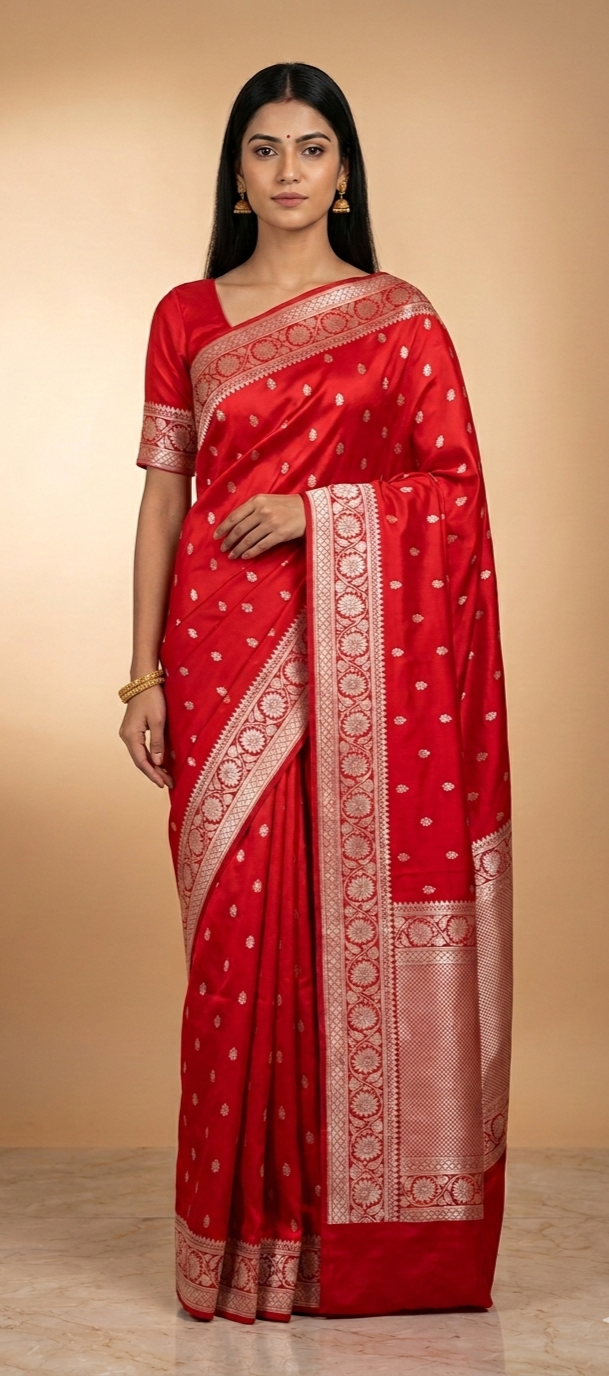 Actress Samantha Inspired Red Banarasi Mashru Silk Saree – Floral Jal Border, Fancy Butti Design, Lightweight Wedding Saree