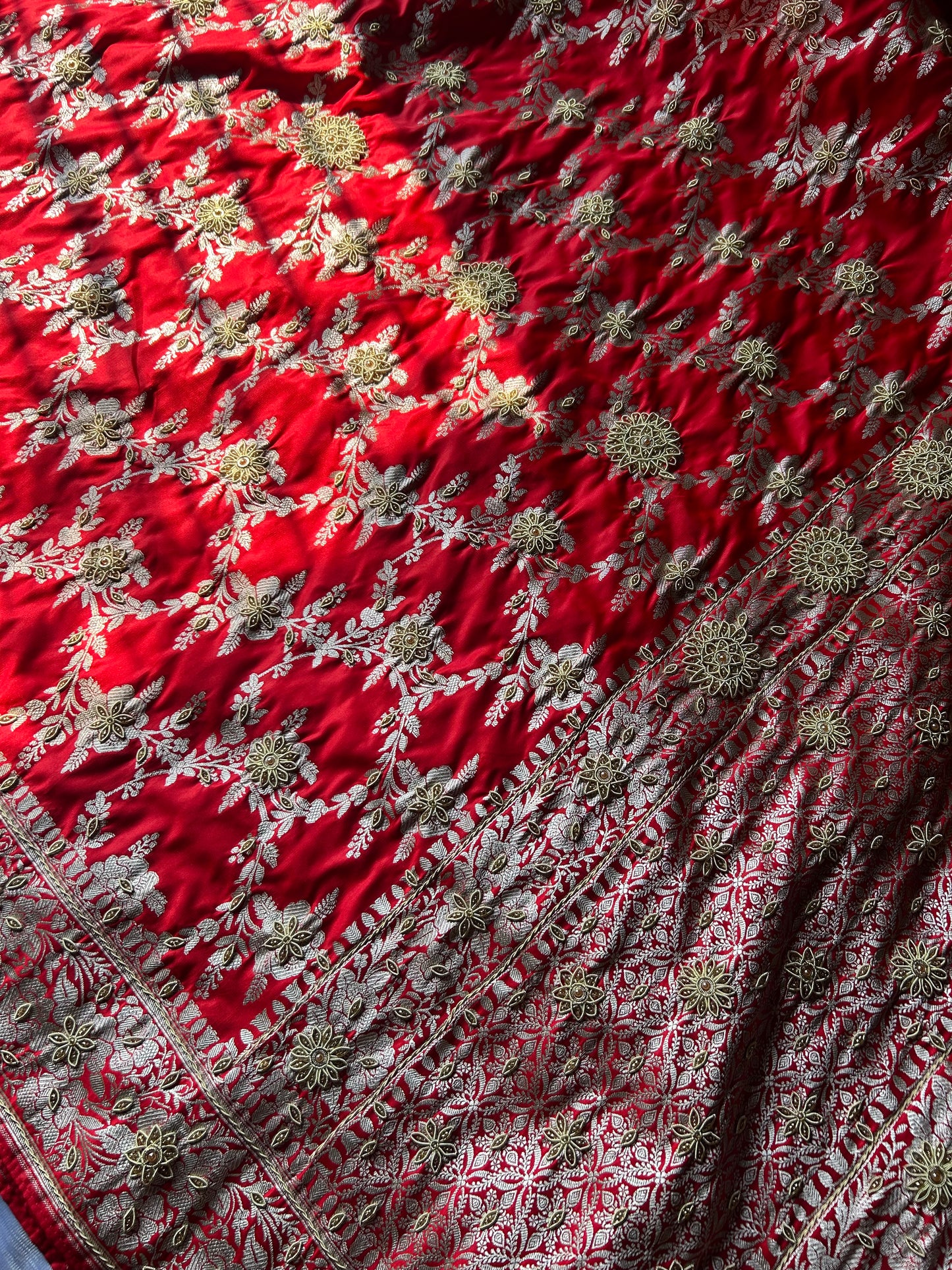 Lal Mirchi Red Zardozi Hand Work Saree | Floral Jall Mashru Satin Silk