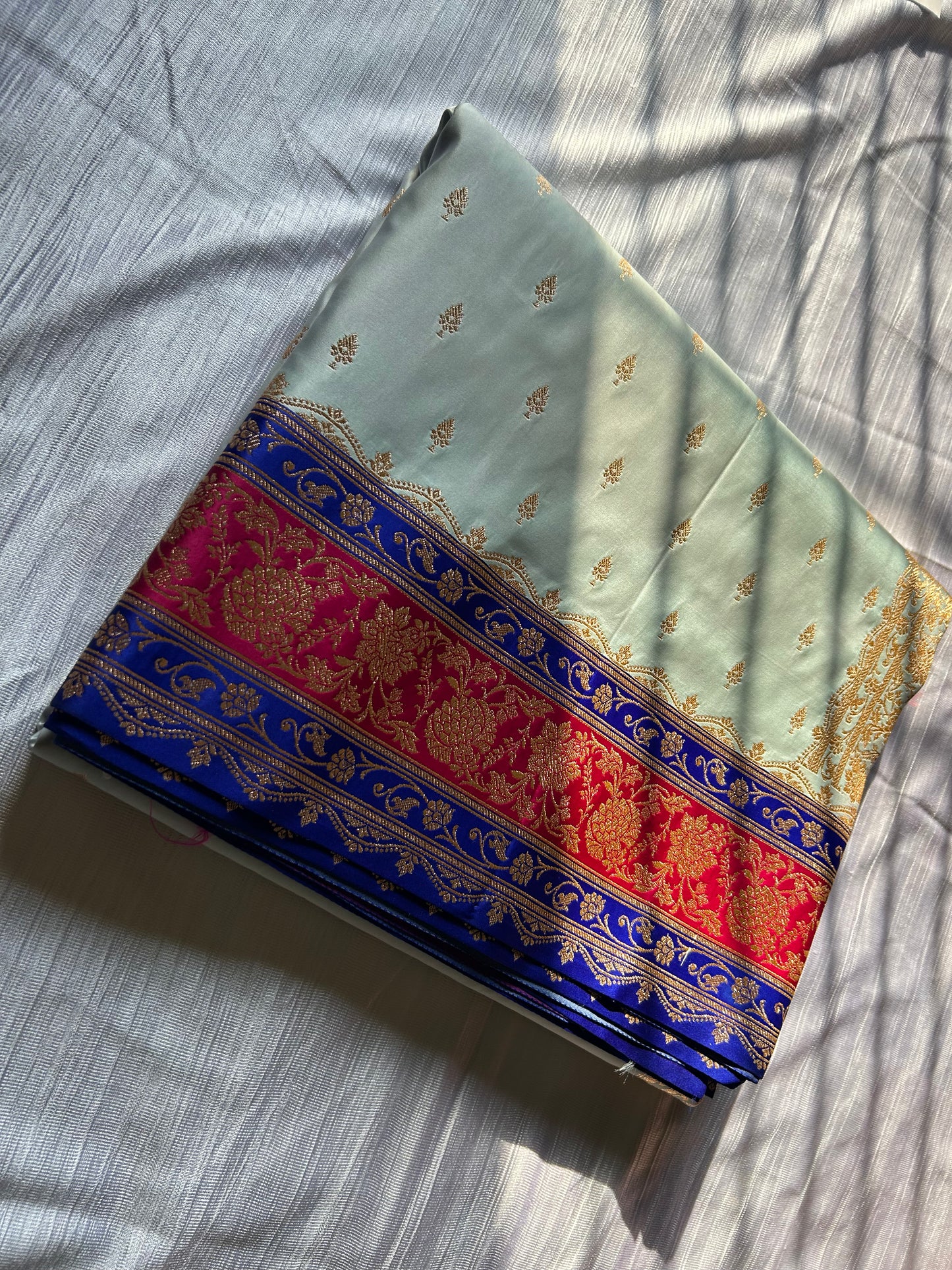 3D Dye Ice Blue Satin Katan Saree with Brocade Zari Blouse