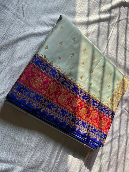 3D Dye Ice Blue Satin Katan Saree with Brocade Zari Blouse