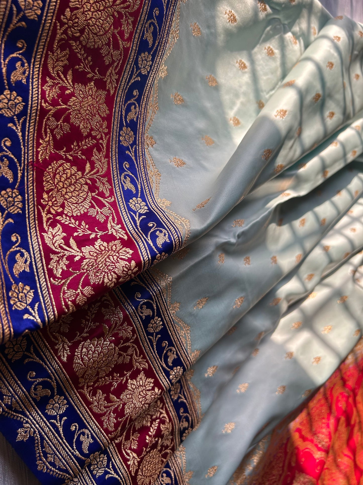 3D Dye Ice Blue Satin Katan Saree with Brocade Zari Blouse
