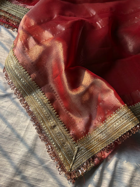 bollywood senset red tissue silk saree
