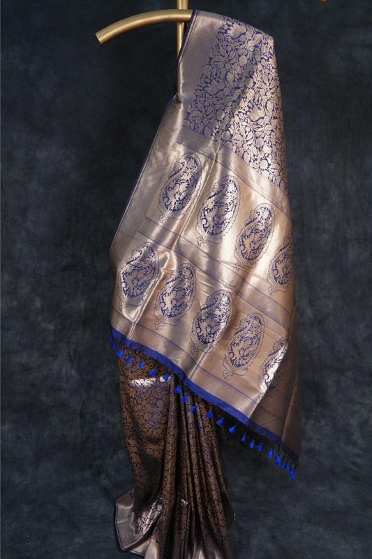 Dark Blue Shikargah Handwoven Pure Katan Silk Saree with Light Golden Zari – Traditional Heritage Weave