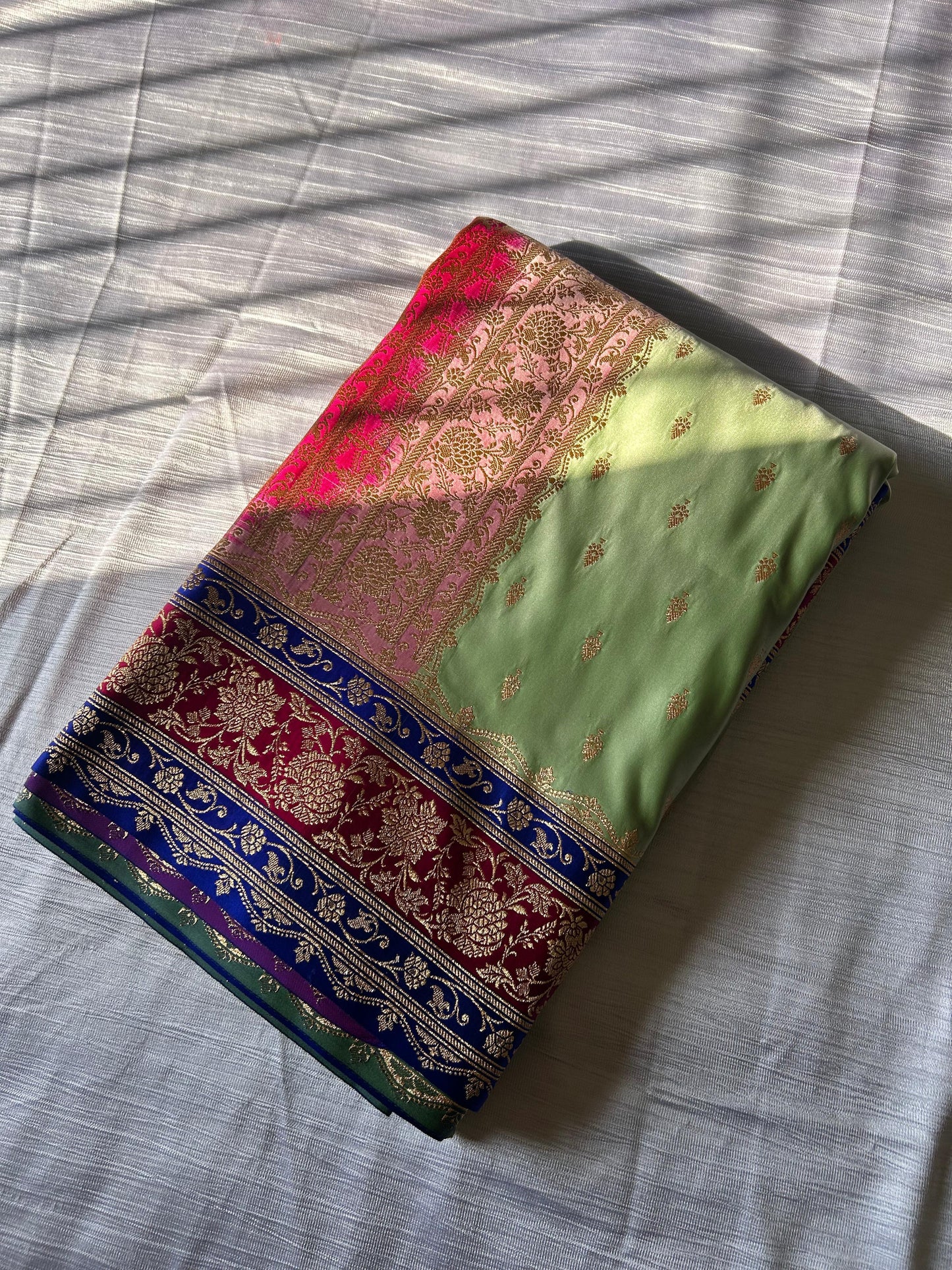 3D Dye Parrot Green Katan Silk Saree – Traditional Buti with Golden Pink Blouse