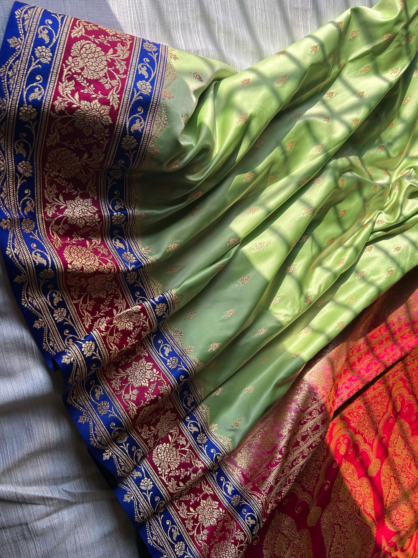 3D Dye Parrot Green Katan Silk Saree – Traditional Buti with Golden Pink Blouse
