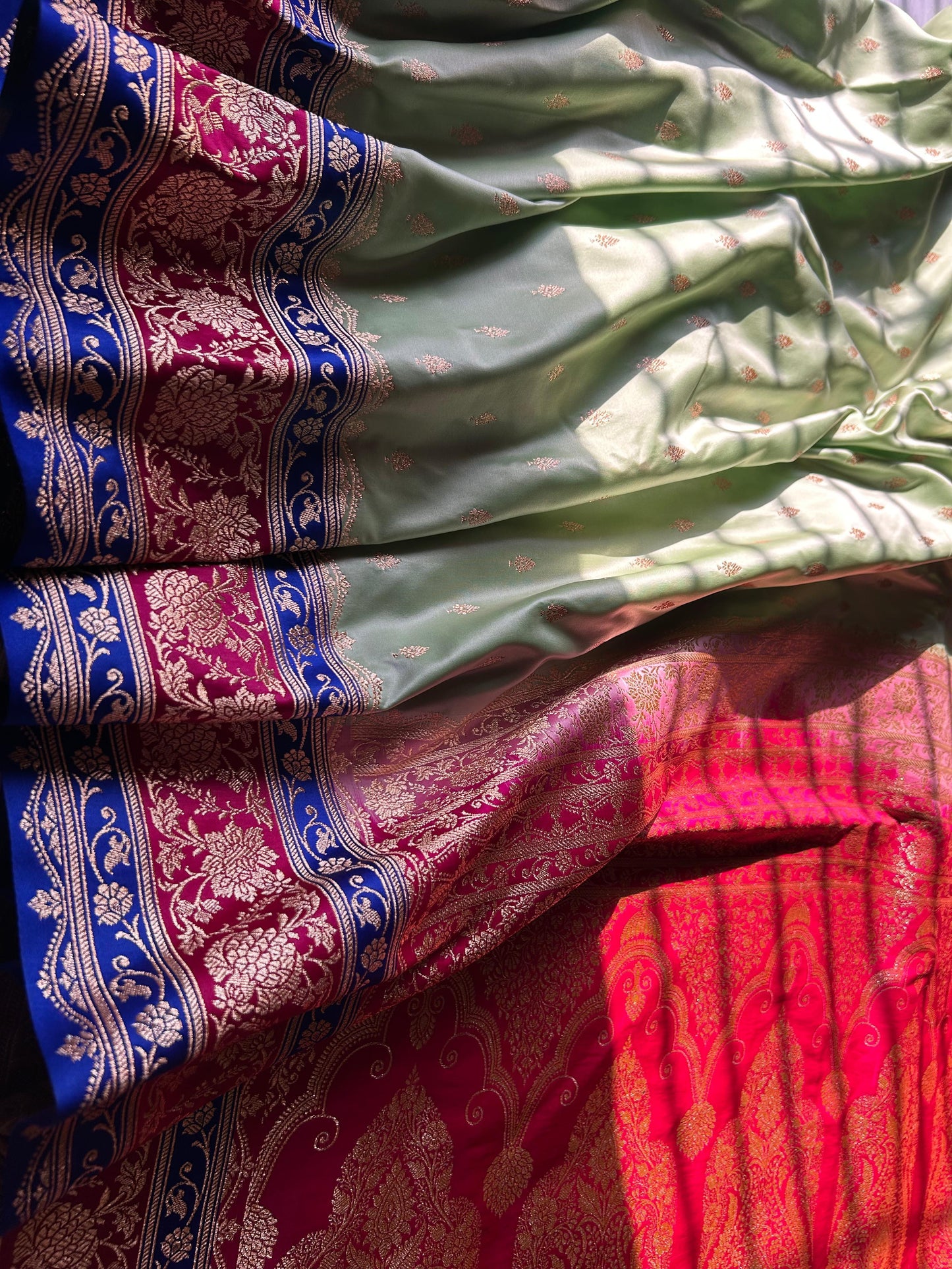 3D Dye Parrot Green Katan Silk Saree – Traditional Buti with Golden Pink Blouse