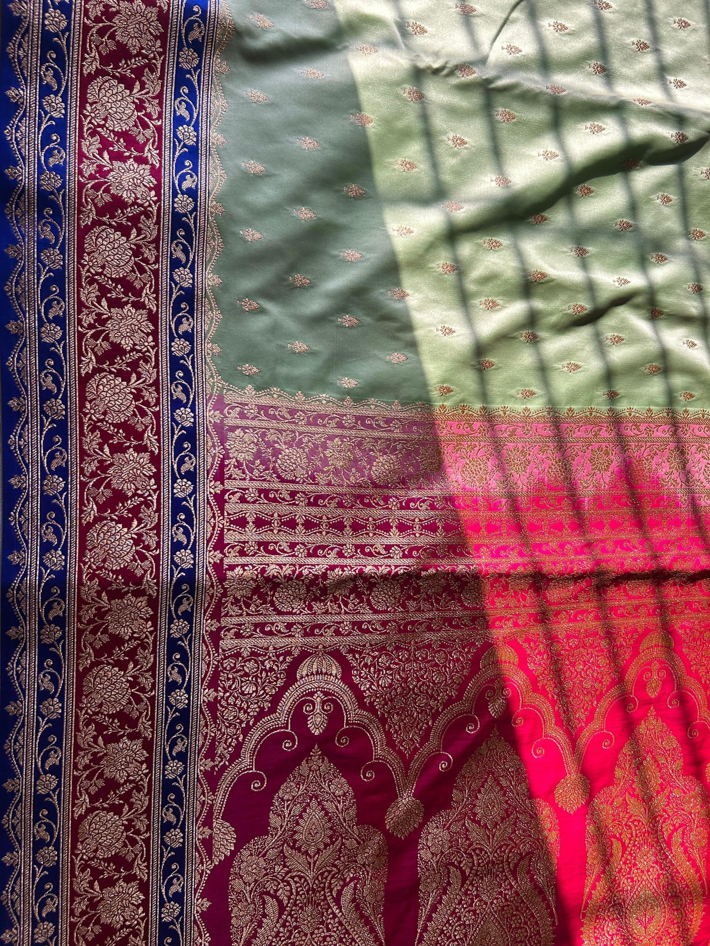 3D Dye Parrot Green Katan Silk Saree – Traditional Buti with Golden Pink Blouse