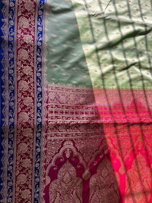 3D Dye Parrot Green Katan Silk Saree – Traditional Buti with Golden Pink Blouse
