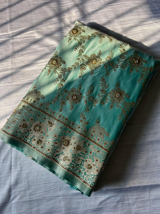 Turquoise Green Hand Work Saree – Mashru Silk with Cut Work Jaal Design