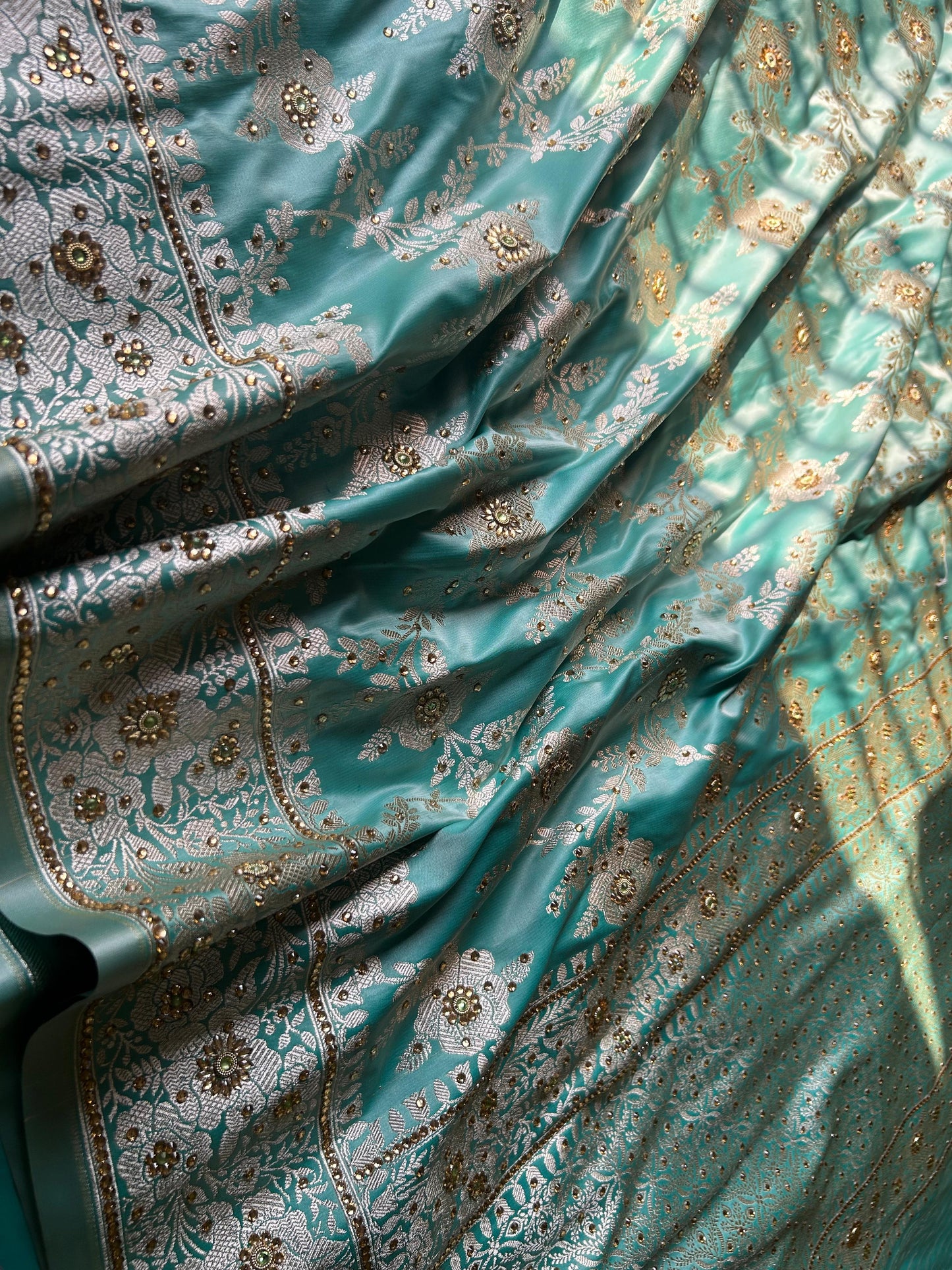 Turquoise Green Hand Work Saree – Mashru Silk with Cut Work Jaal Design