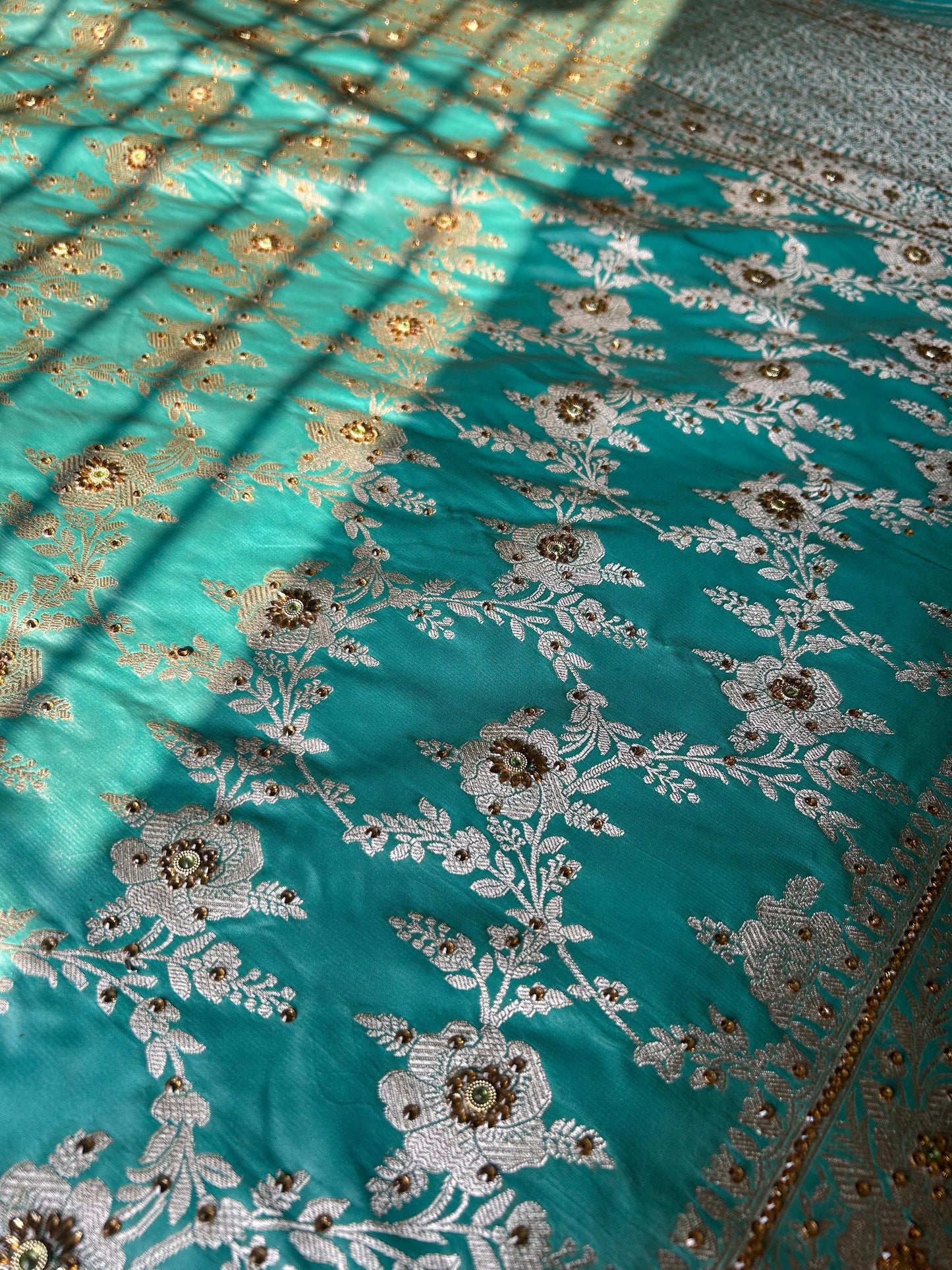 Turquoise Green Hand Work Saree – Mashru Silk with Cut Work Jaal Design
