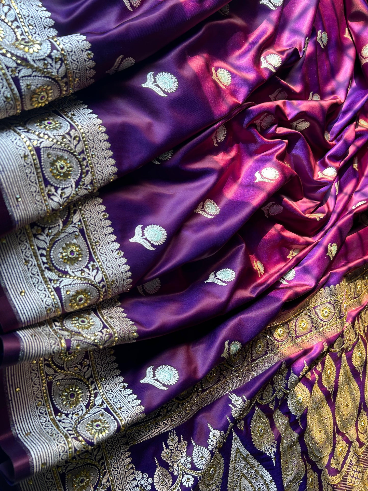 Dhoop Chaav Magenta Blue Dual Shade Saree – Mashru Silk with Hand Crystal Work