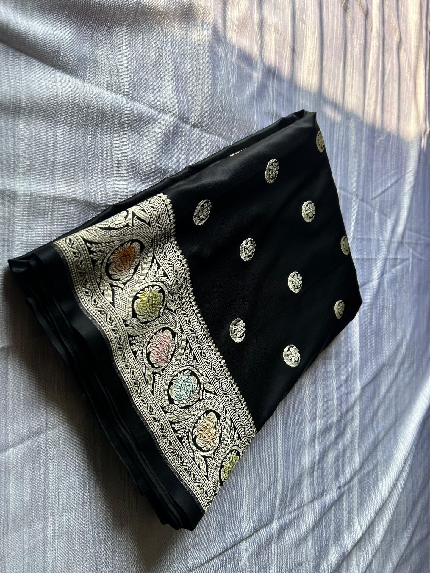 Hand Brush Black Mashru Silk Saree – Chand Butti with Artistic Aanchal Border