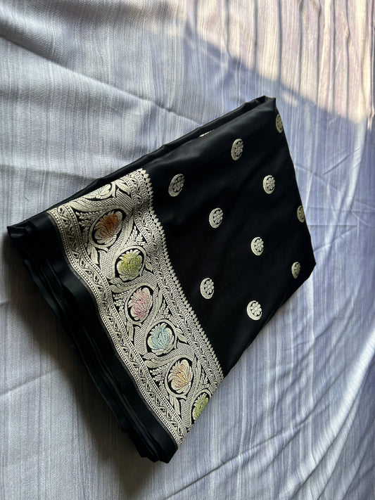 Hand Brush Black Mashru Silk Saree – Chand Butti with Artistic Aanchal Border