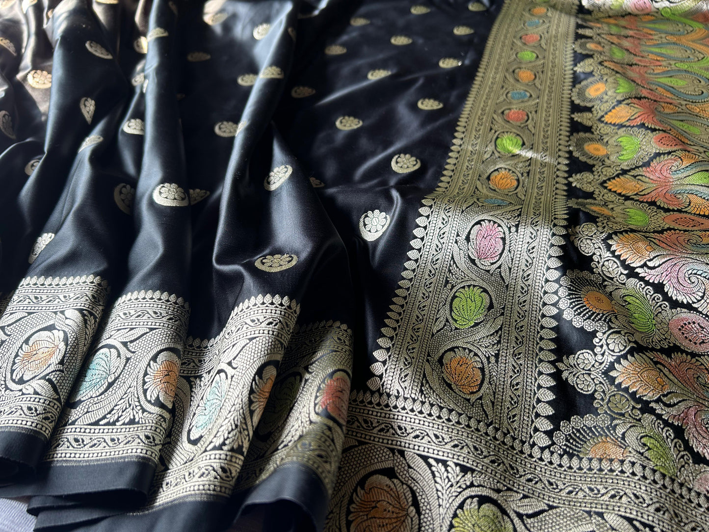 Hand Brush Black Mashru Silk Saree – Chand Butti with Artistic Aanchal Border