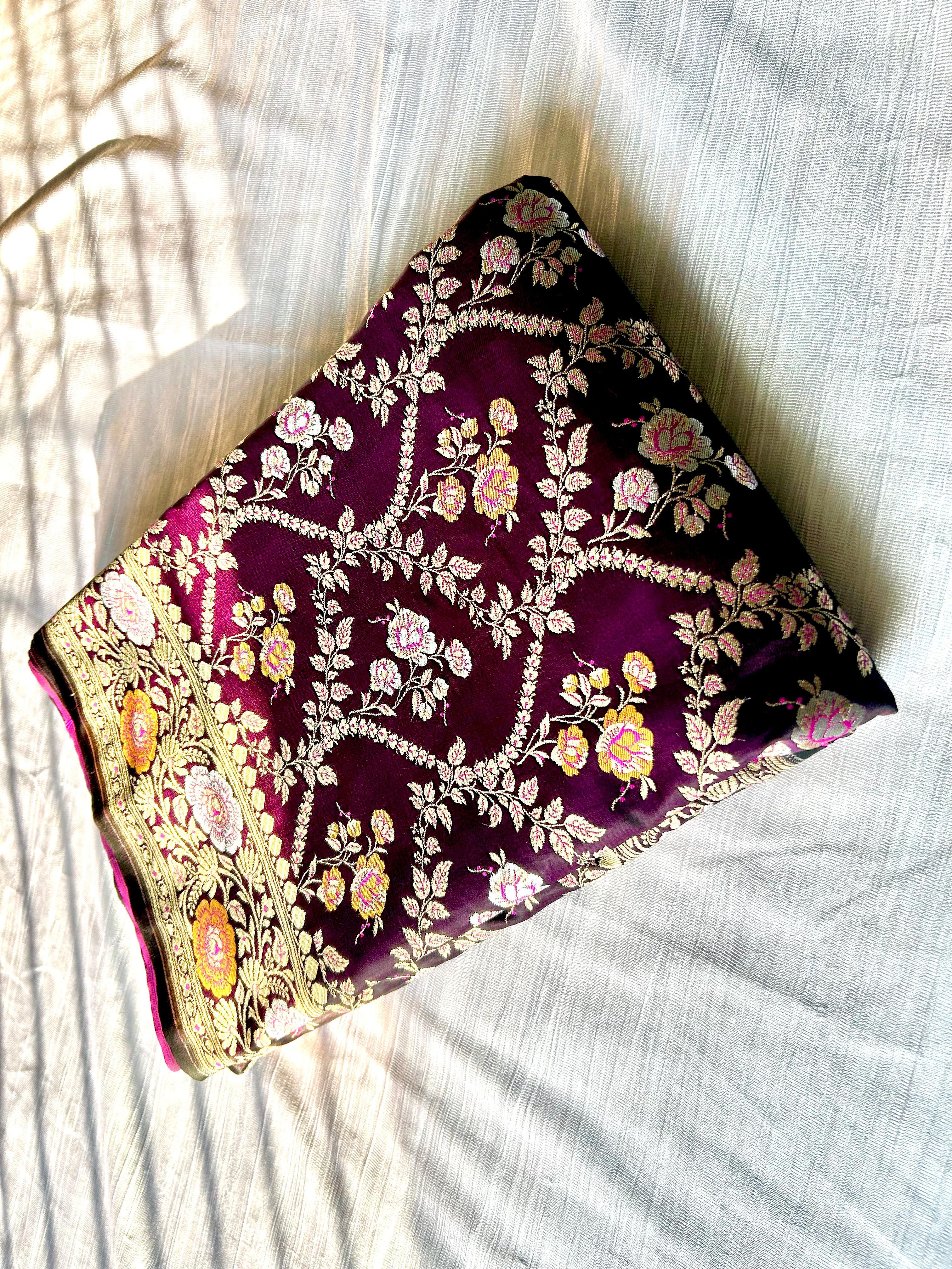 Sona Rupa Kainkhab Purple Mashru Silk Saree – Albeli Leheriya & Jaal Design