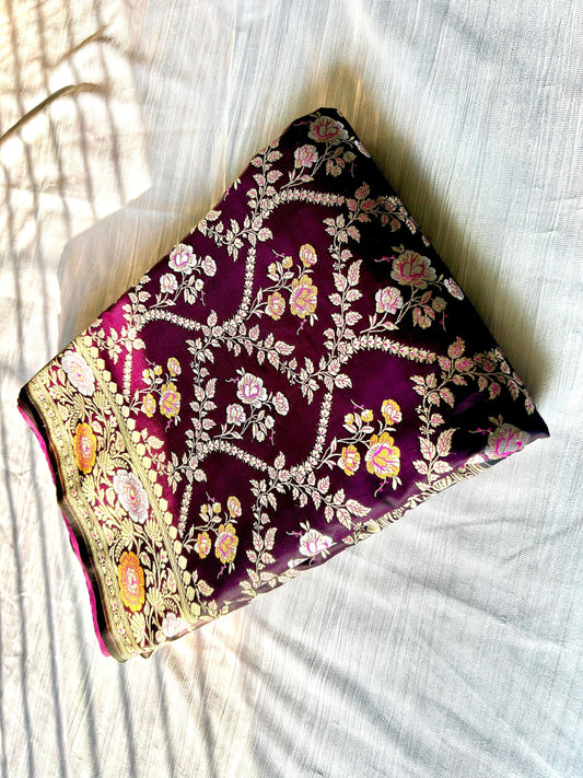Sona Rupa Kainkhab Purple Mashru Silk Saree – Albeli Leheriya & Jaal Design
