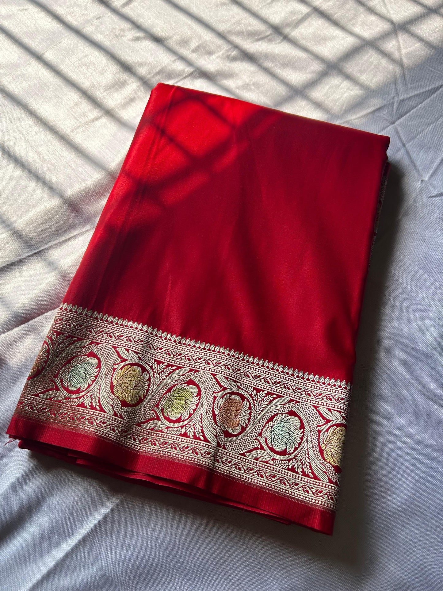 Pure Hand Brush Red Mashru Silk Saree – Minimalist Elegance in Plain Design