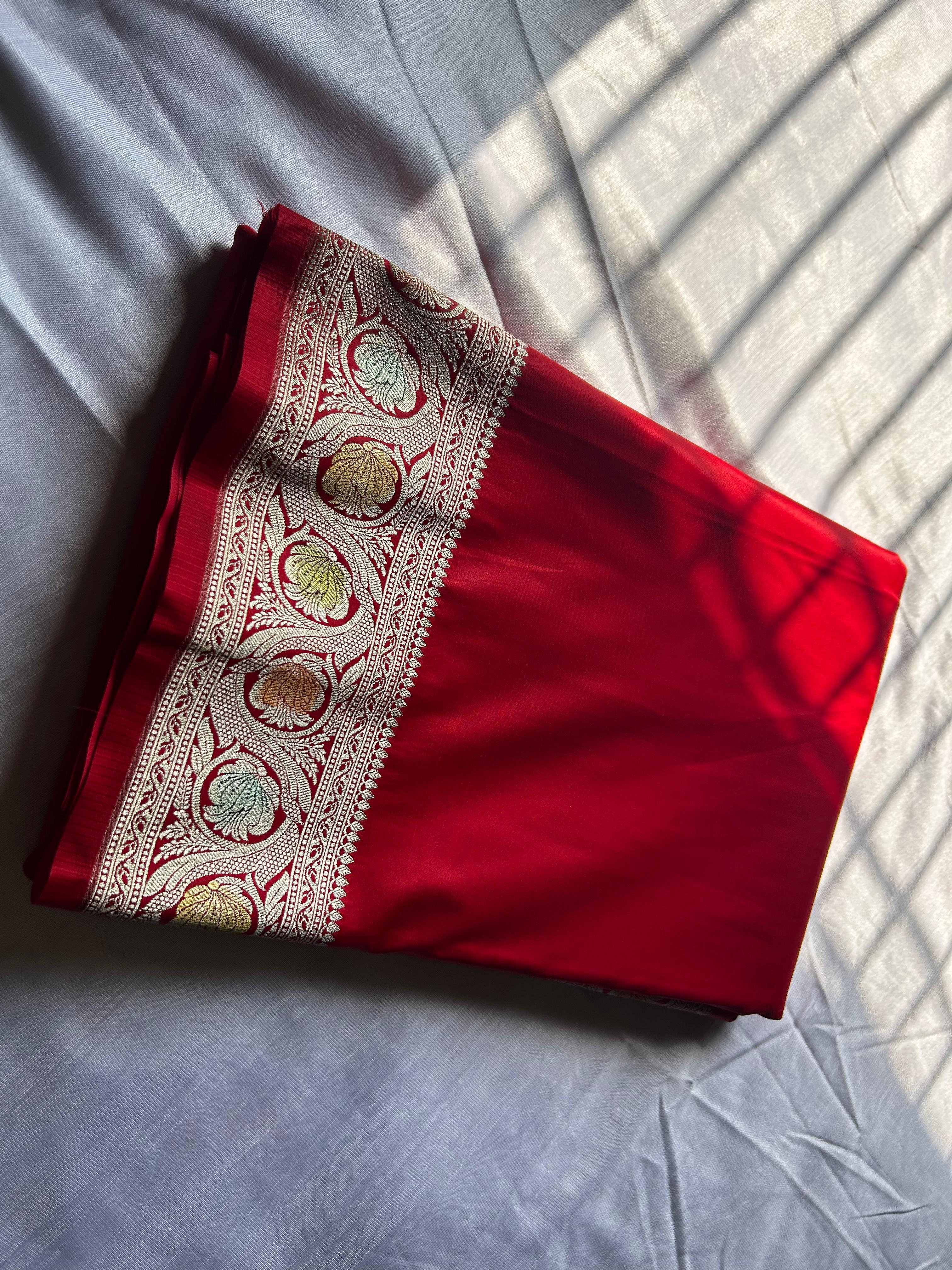 Pure Hand Brush Red Mashru Silk Saree – Minimalist Elegance in Plain Design