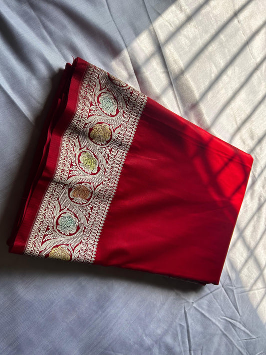 Pure Hand Brush Red Mashru Silk Saree – Minimalist Elegance in Plain Design