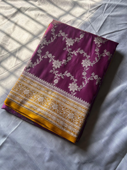 Onion Pink Mashru Silk Saree – Albeli Jalebi Jaal with Mustard Contrast Blouse
