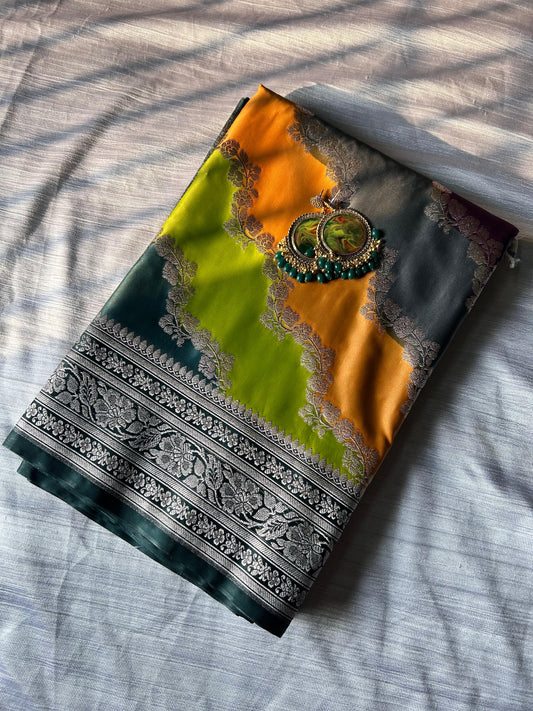 Hand-Painted Rangkart Saree – Mashru Silk | Bottle Green with Copper Zari