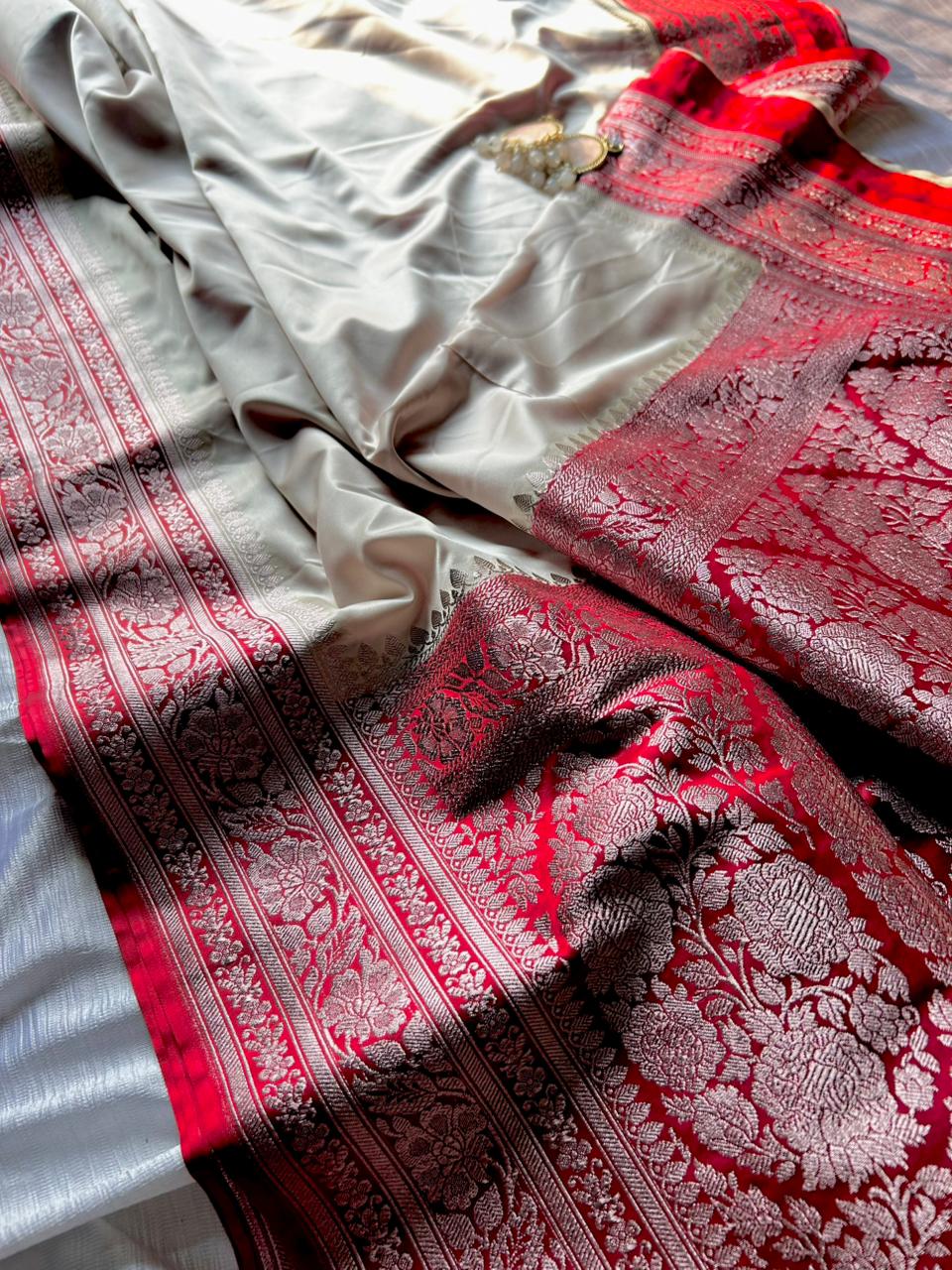 Off-White Red Border Saree | Elegant Mashru Silk Saree