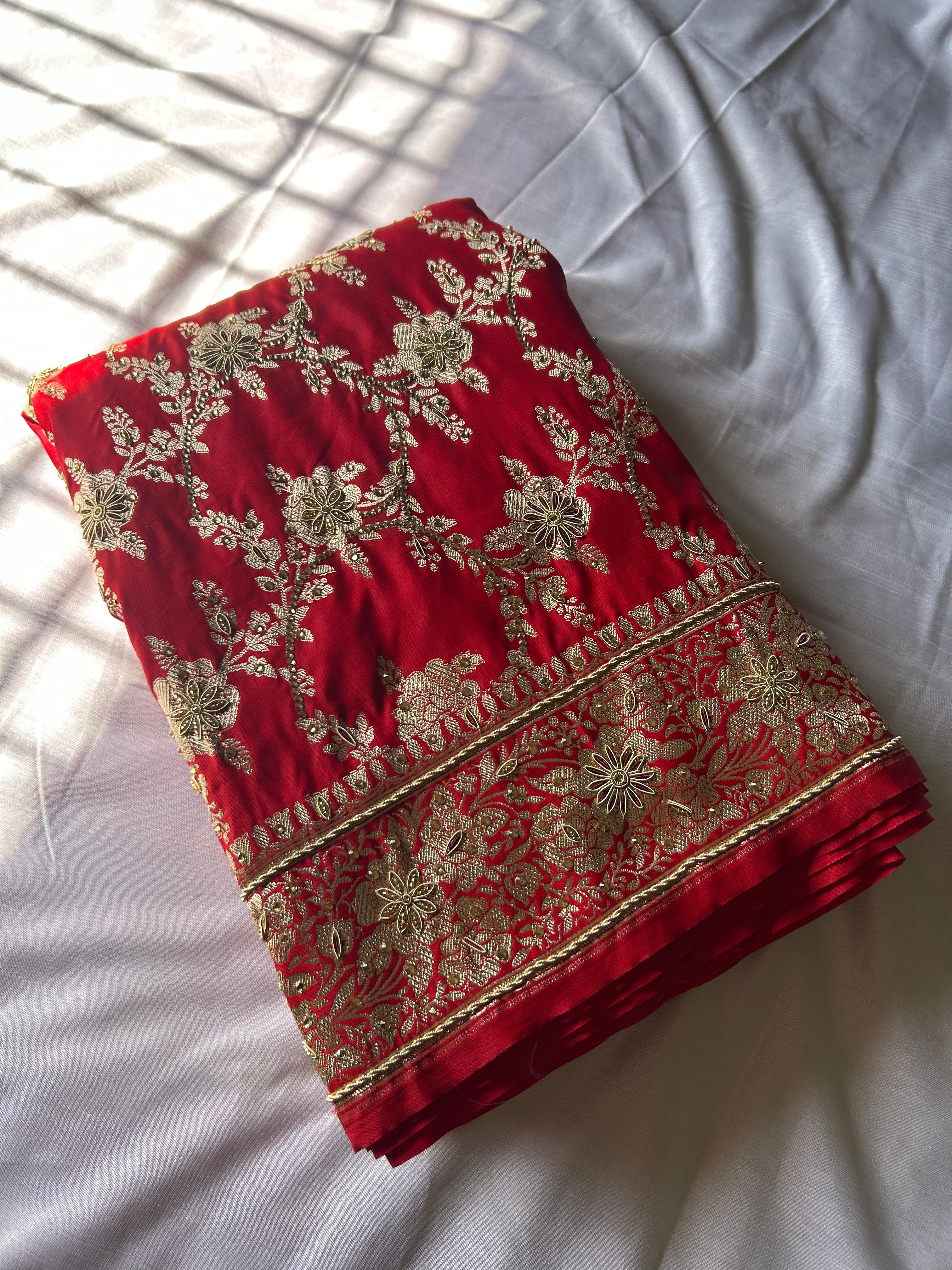 Red Bridal Zardozi Saree | Luxurious Mashru Silk with Copper Zari ✨
