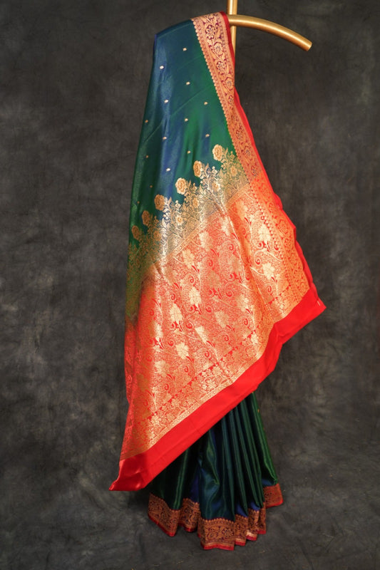🦚 Peacock Green Satin Handloom Saree