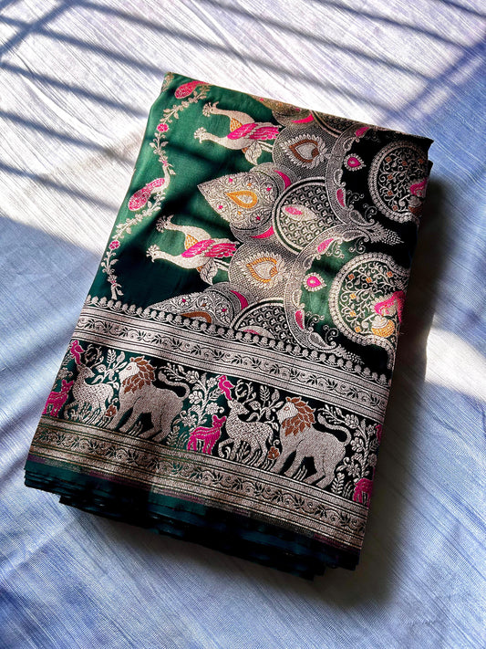 Bottle Green Sikargah Satin Katan Silk Saree