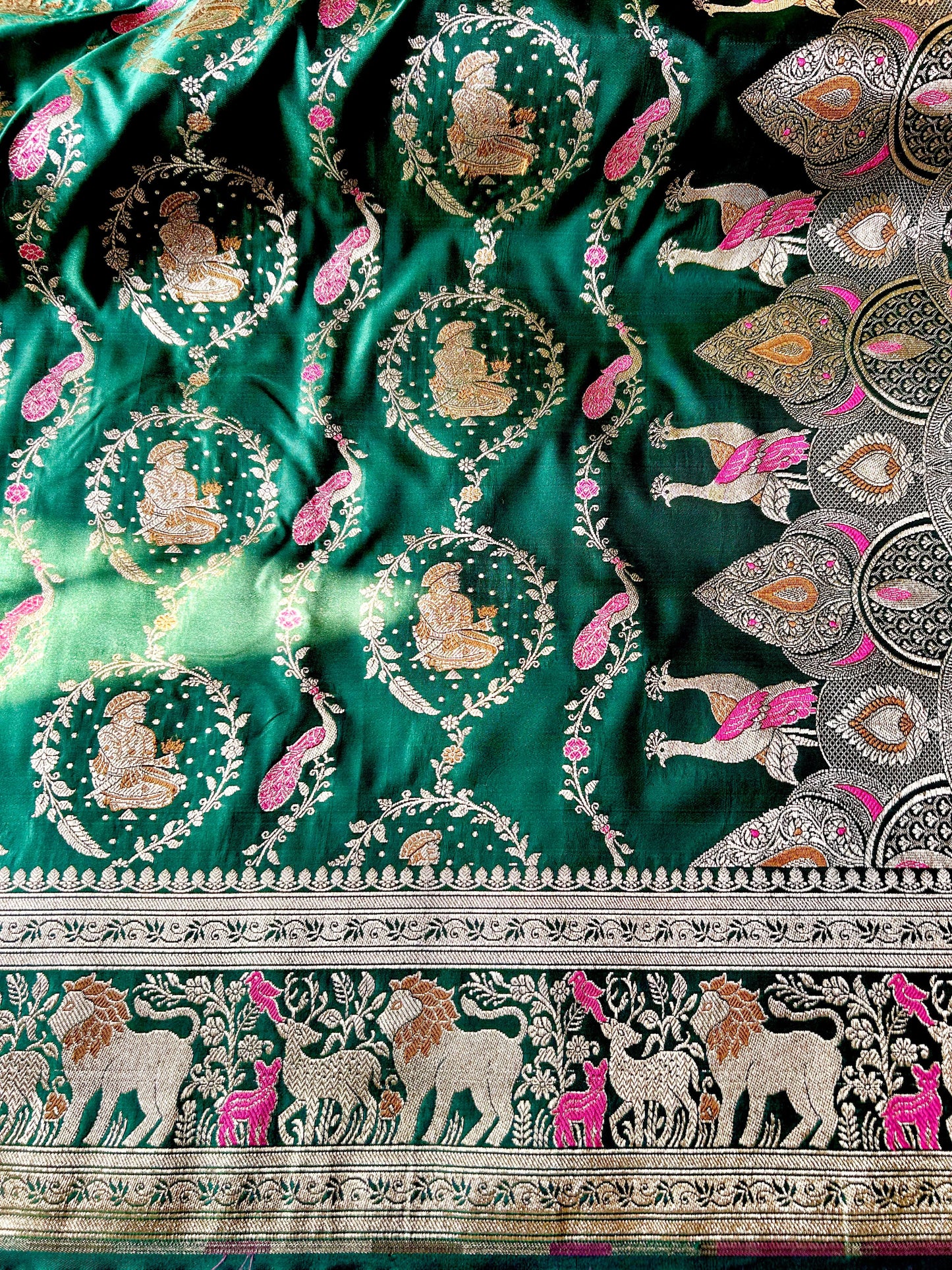 Bottle Green Sikargah Satin Katan Silk Saree