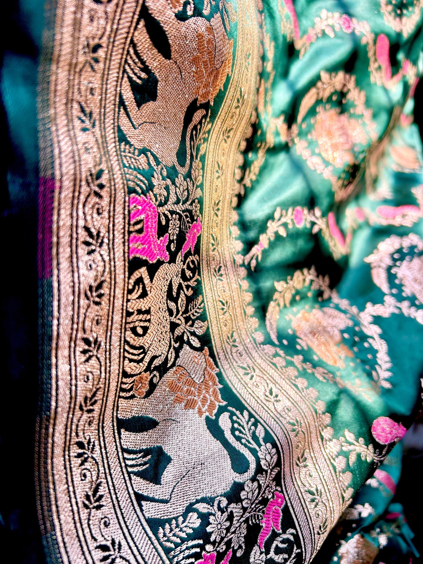 Bottle Green Sikargah Satin Katan Silk Saree