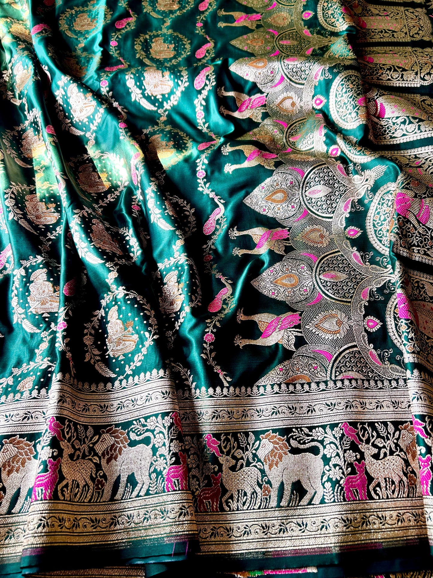 Bottle Green Sikargah Satin Katan Silk Saree