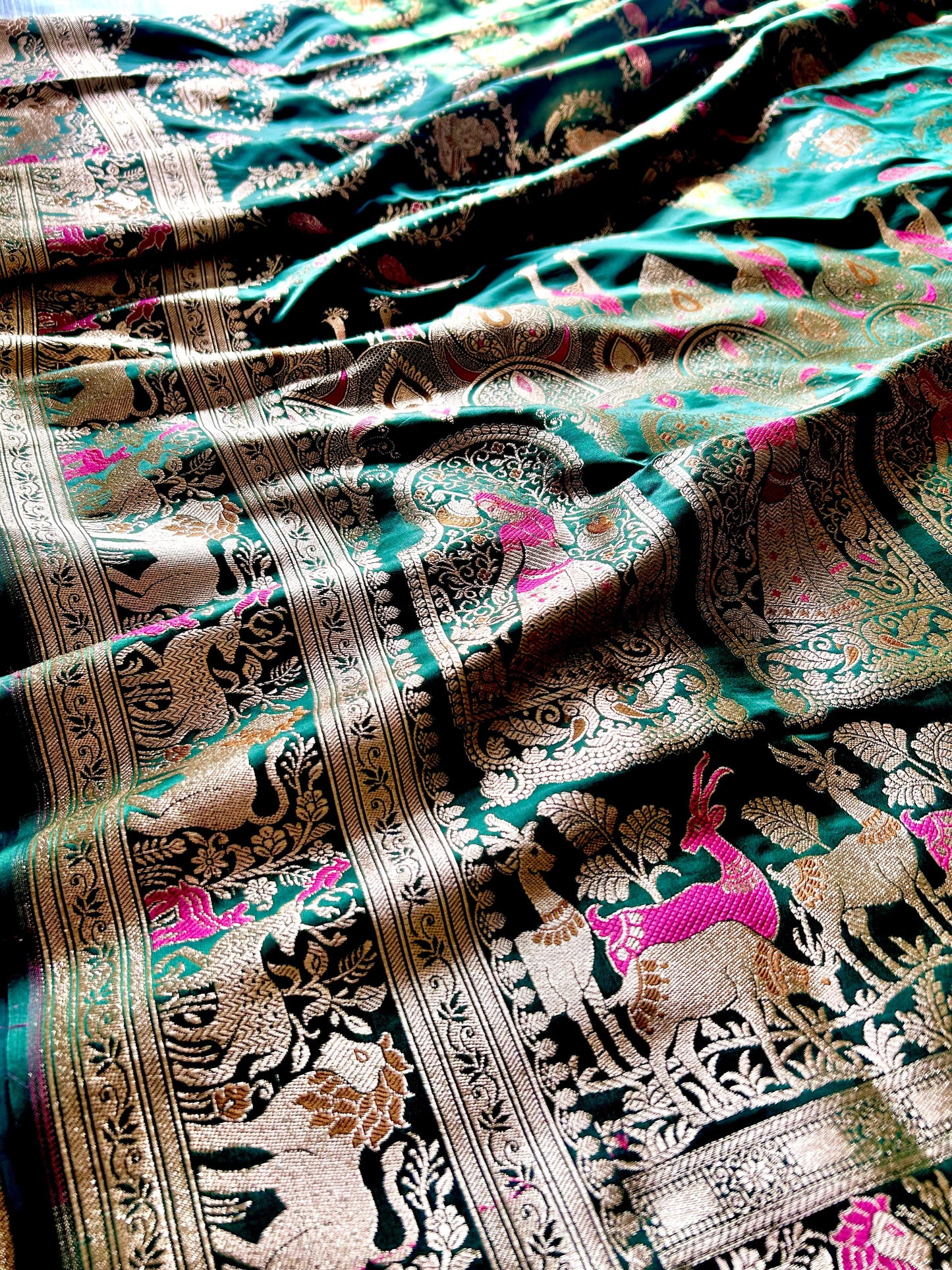 Bottle Green Sikargah Satin Katan Silk Saree