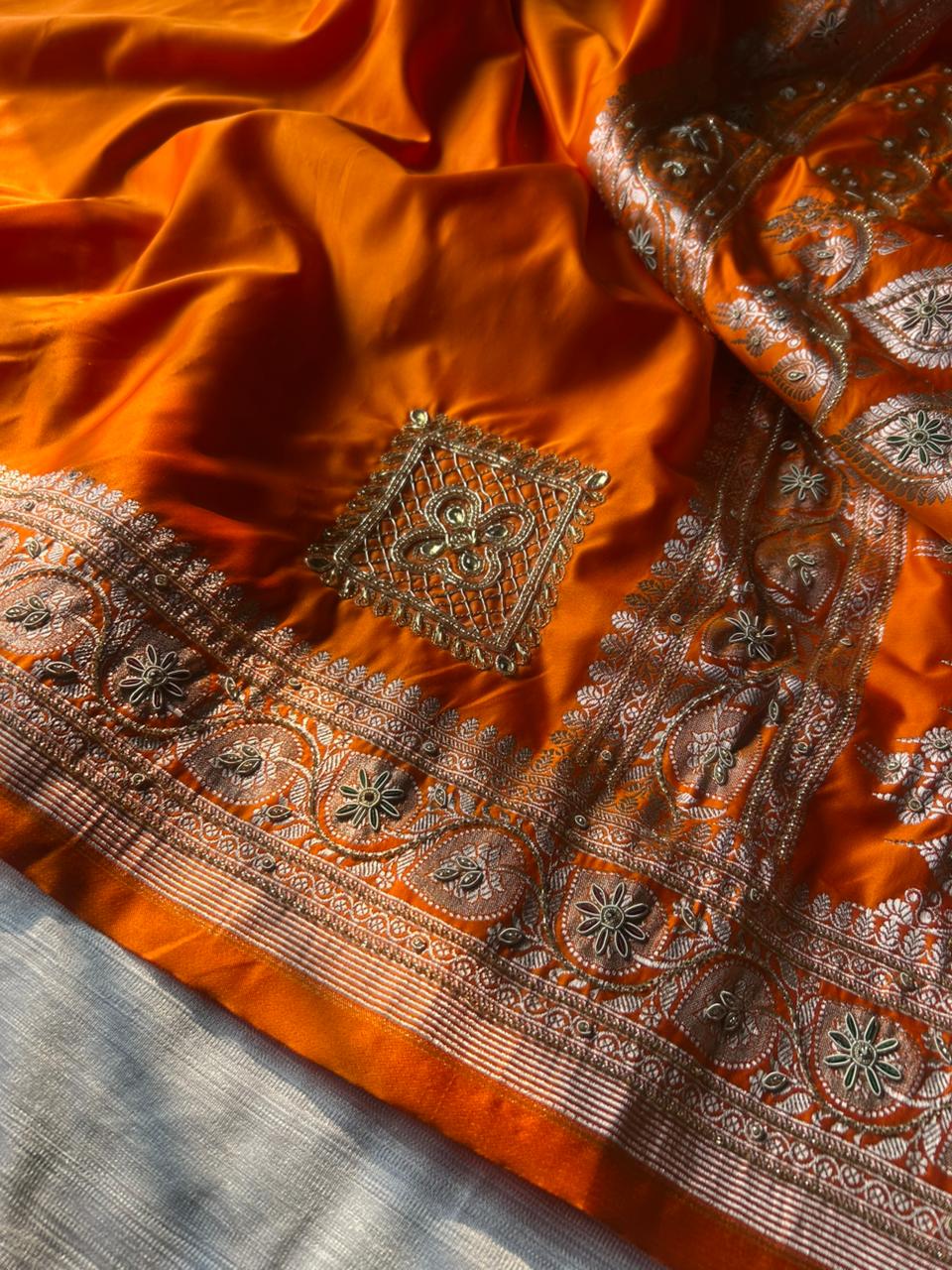 Hand Zardozi Fanta Orange Premium Mashru Katan Silk Saree