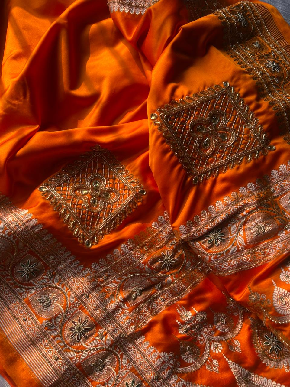 Hand Zardozi Fanta Orange Premium Mashru Katan Silk Saree