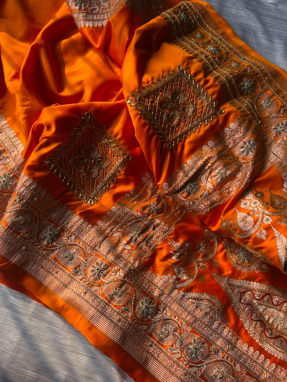 Hand Zardozi Fanta Orange Premium Mashru Katan Silk Saree