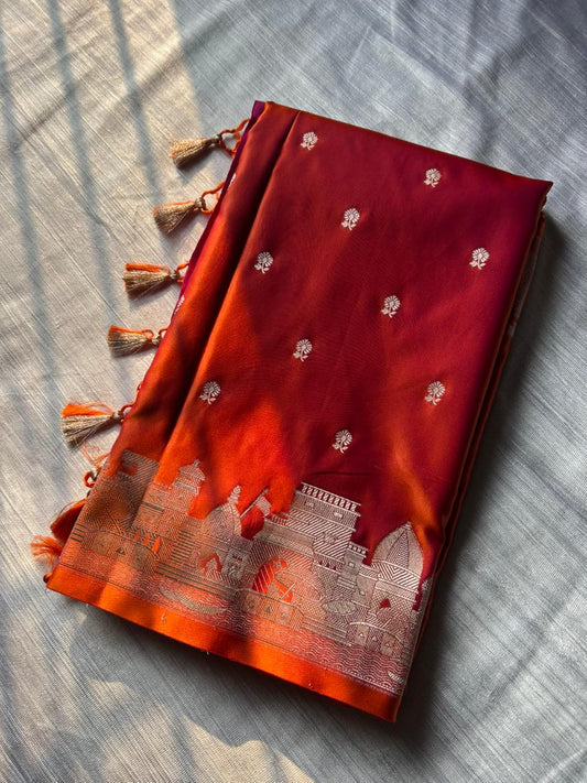 Rust Orange Banaras Ghat Saree | Blended Mashru Silk