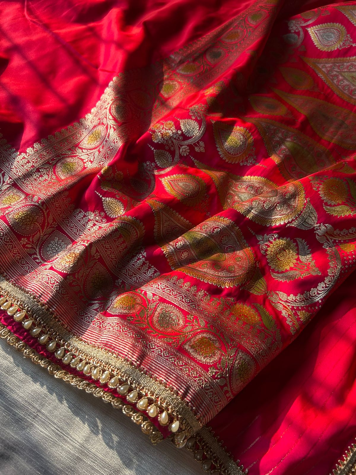 Hot Pink Hand-Painted Mashru Katan Silk Saree | Pearl Lace Work