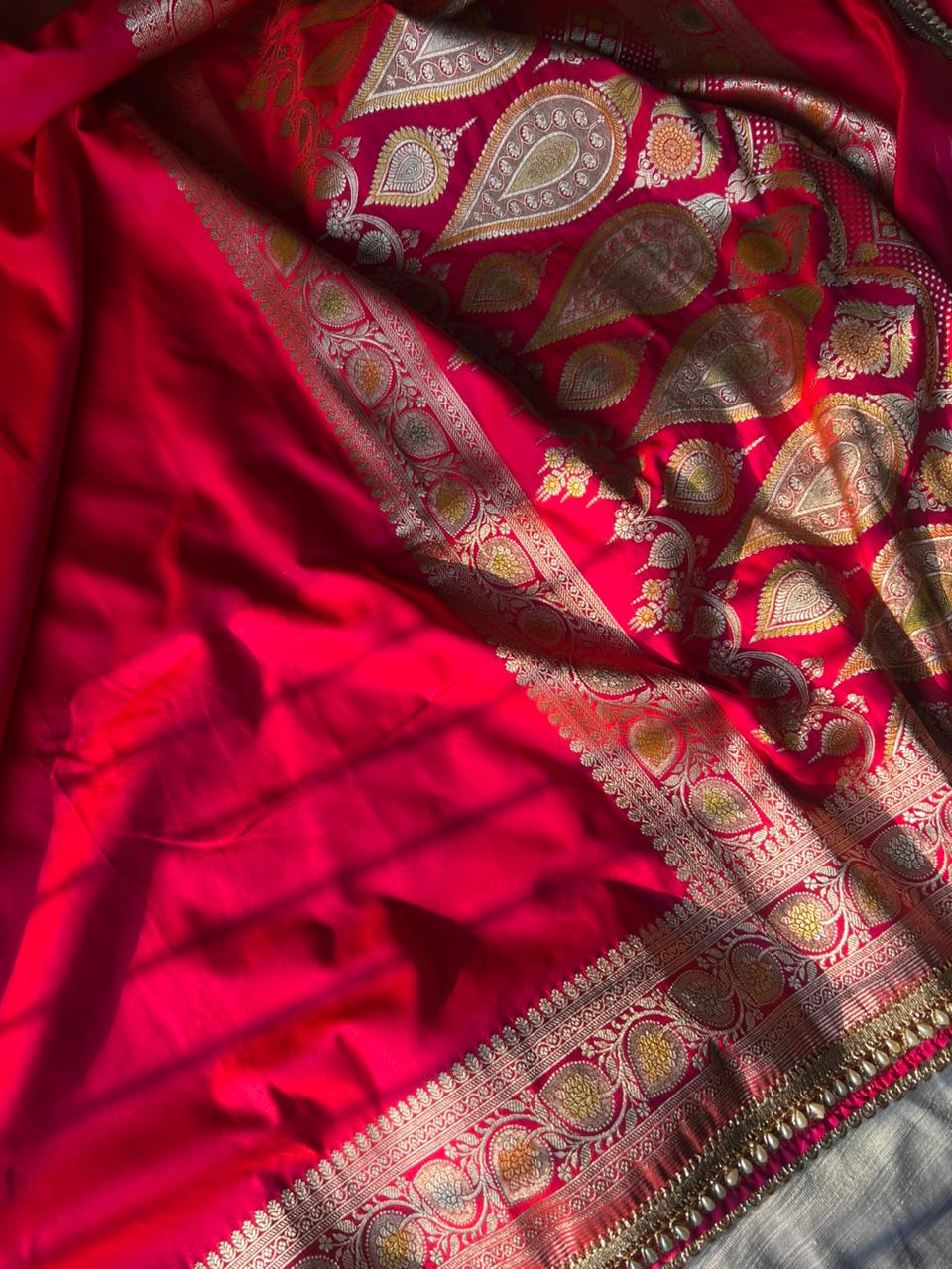 Hot Pink Hand-Painted Mashru Katan Silk Saree | Pearl Lace Work