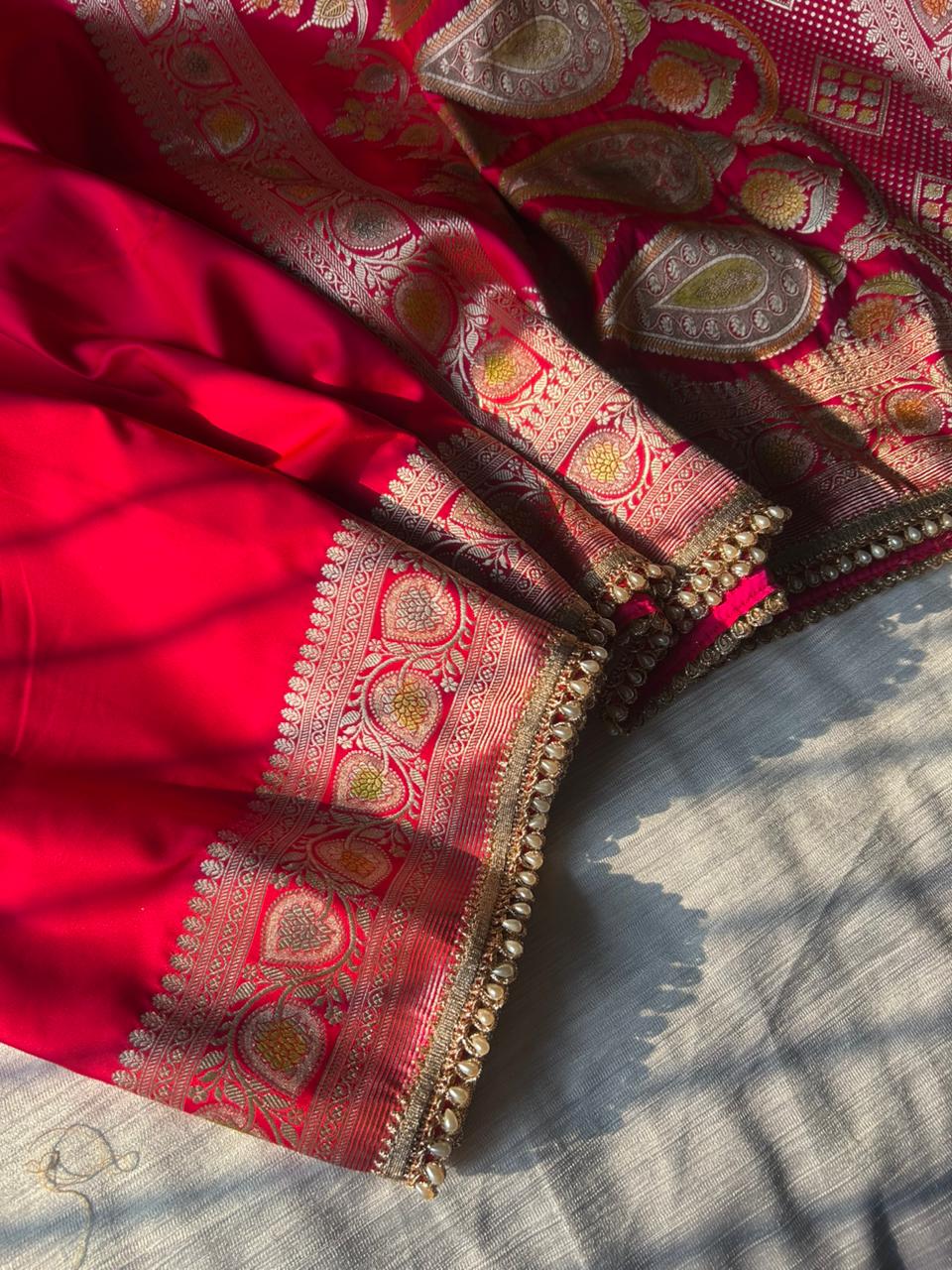 Hot Pink Hand-Painted Mashru Katan Silk Saree | Pearl Lace Work