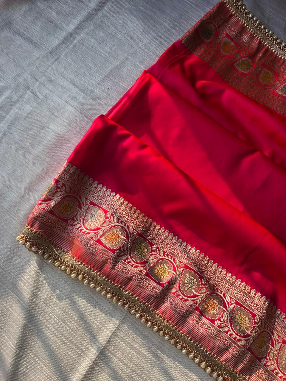 Hot Pink Hand-Painted Mashru Katan Silk Saree | Pearl Lace Work